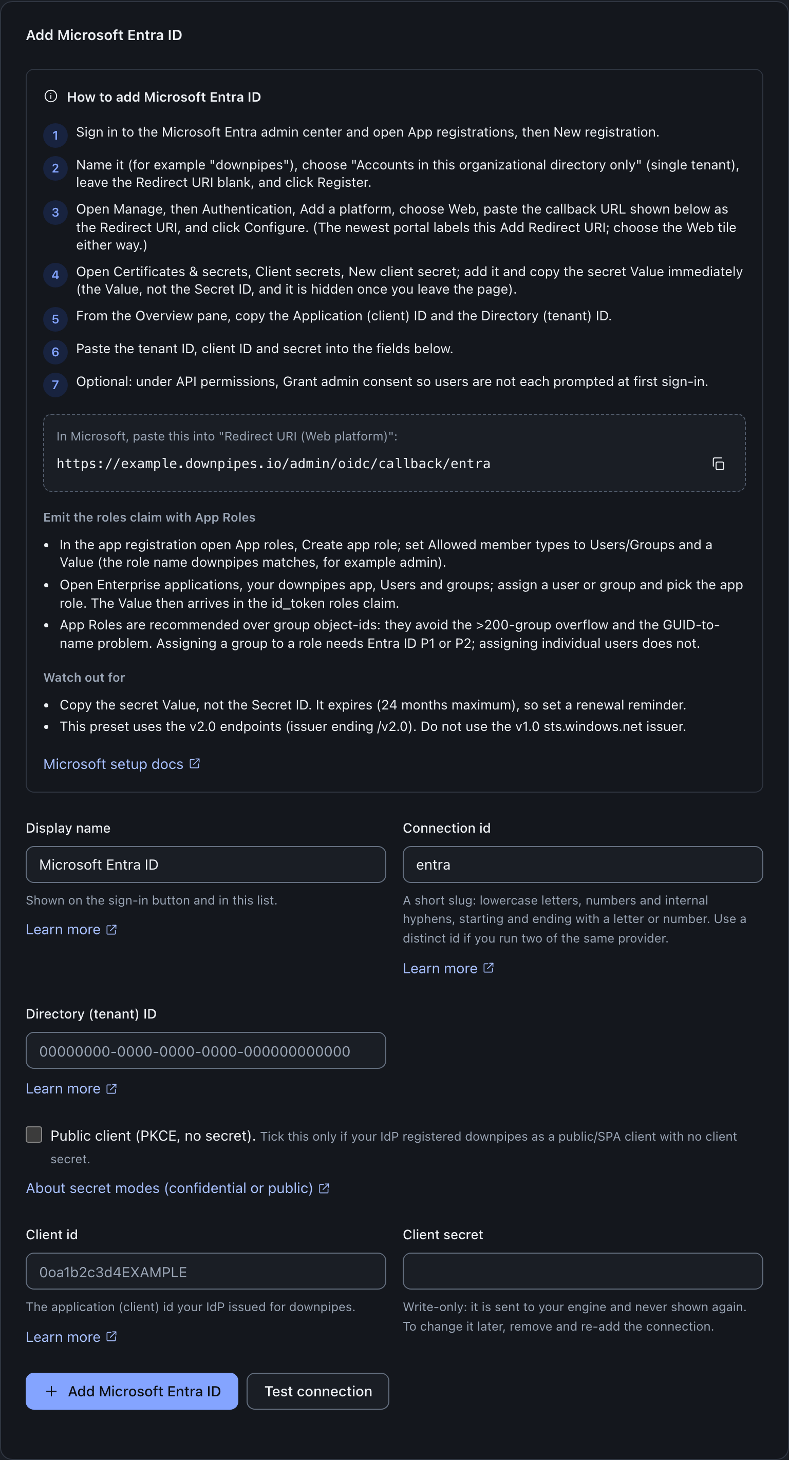 The Add Microsoft Entra ID form: an inline How to add Microsoft Entra ID guide, the callback URL to register shown as https://example.downpipes.io/admin/oidc/callback/entra, and fields for Display name, Connection id, Directory (tenant) ID, a Public client (PKCE, no secret) tickbox, Client id and a write-only Client secret, with Add and Test connection buttons.