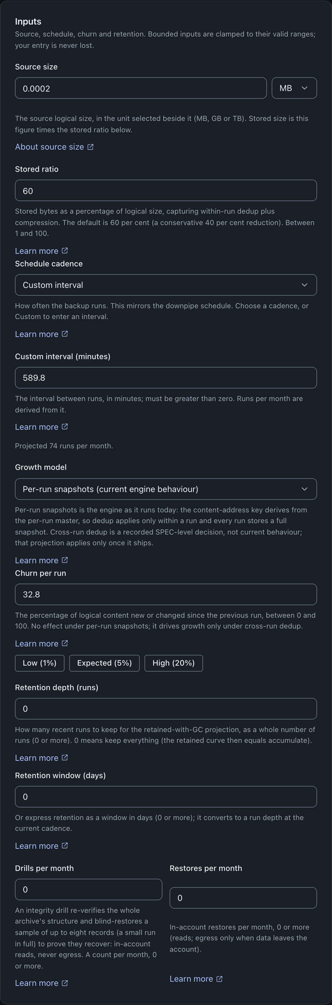 The Inputs column: Source size with a unit selector, Stored ratio, Schedule cadence set to Custom interval with a derived runs-per-month line, Growth model set to per-run snapshots, Churn per run with Low, Expected and High presets, retention depth and window fields, and Drills per month and Restores per month.