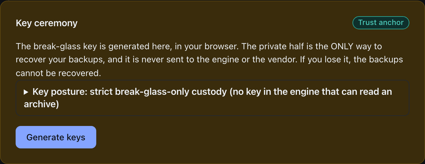 The Key ceremony card, with a collapsed key-posture custody disclosure and a primary Generate keys button.