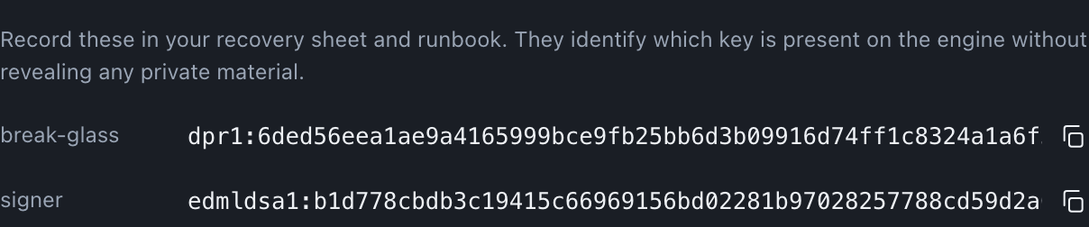 Three public fingerprint rows labelled break-glass, operational and signer, each showing its full public fingerprint in plain text.