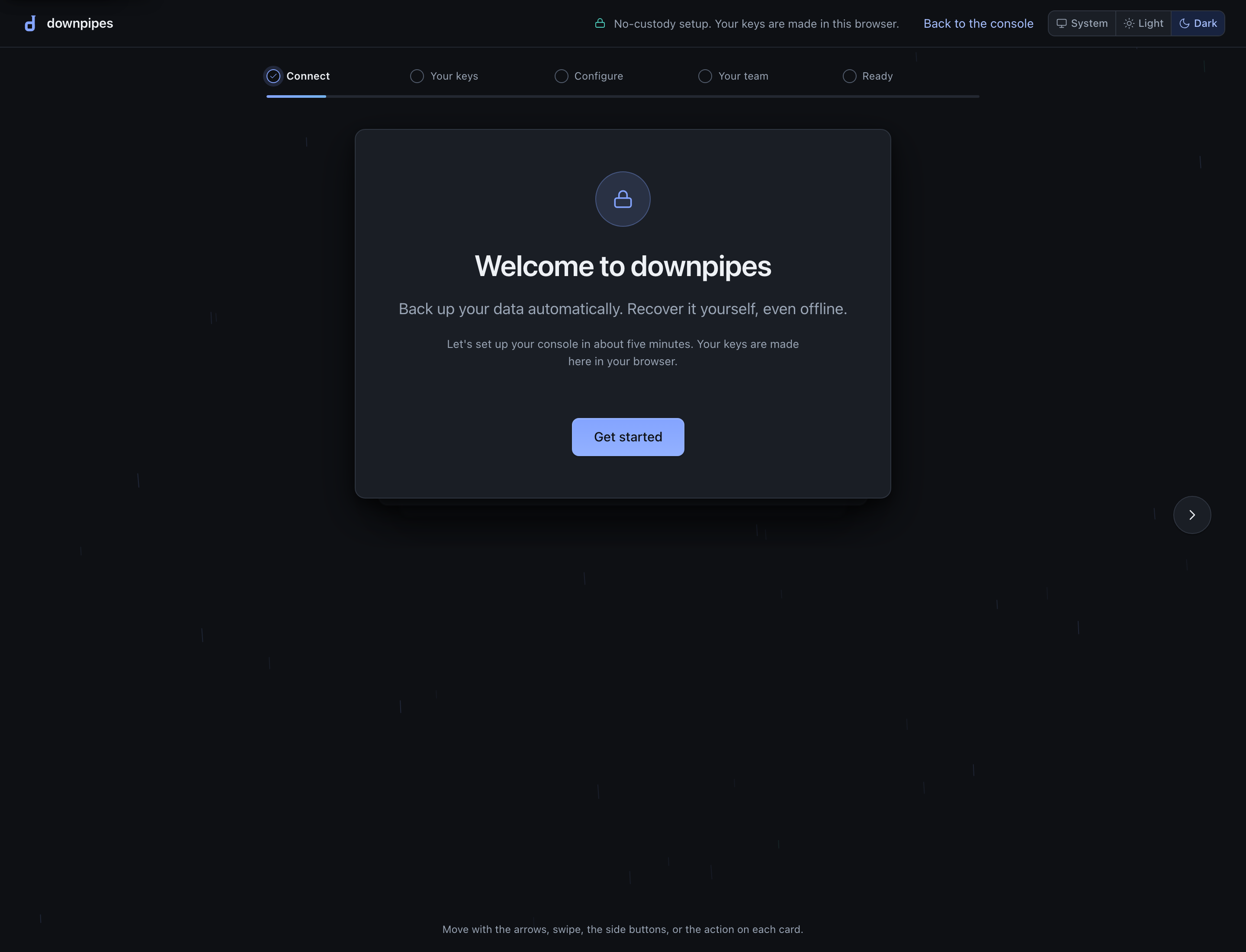 The onboarding carousel on its welcome card: a top bar reading No-custody setup, your keys are made in this browser, a five-chapter rail of Connect, Your keys, Configure, Your team and Ready with Connect active, and a Welcome to downpipes card carrying the tagline and a Get started button.