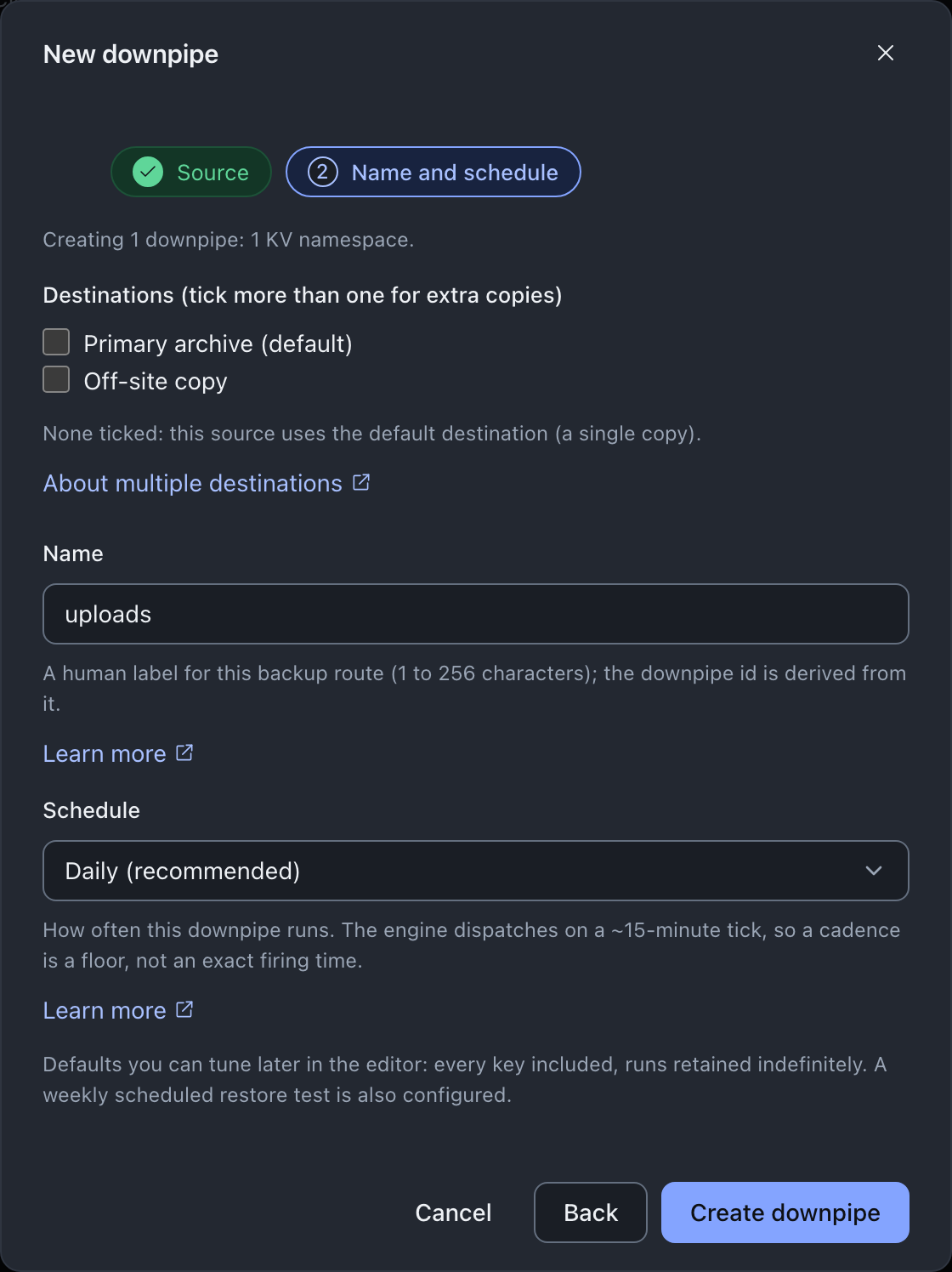The new-downpipe wizard on its Name and schedule step, with a Destinations group of tickboxes (Primary archive marked default, and Off-site copy) noting that none ticked uses the default single copy, a downpipe Name field, a Schedule selector set to Daily (recommended), and a Create downpipe button.