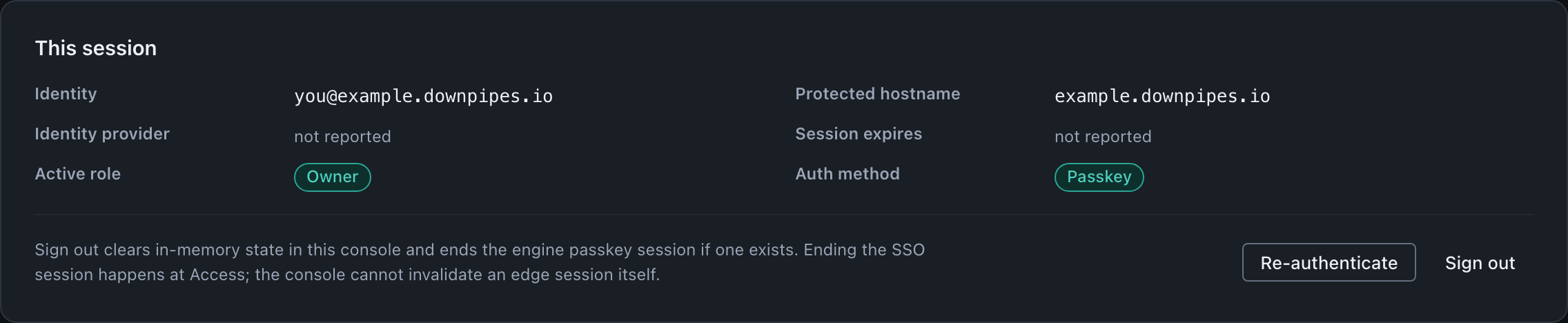 The This session card on the access fallback screen. It shows the signed-in identity and protected hostname as redacted placeholders, an identity provider and session expiry both reading not reported, an Active role badge of Owner and an Auth method badge of Passkey. Beneath them it reads: Sign out clears in-memory state in this console and ends the engine passkey session if one exists. Ending the SSO session happens at Access; the console cannot invalidate an edge session itself. Re-authenticate and Sign out actions sit alongside.
