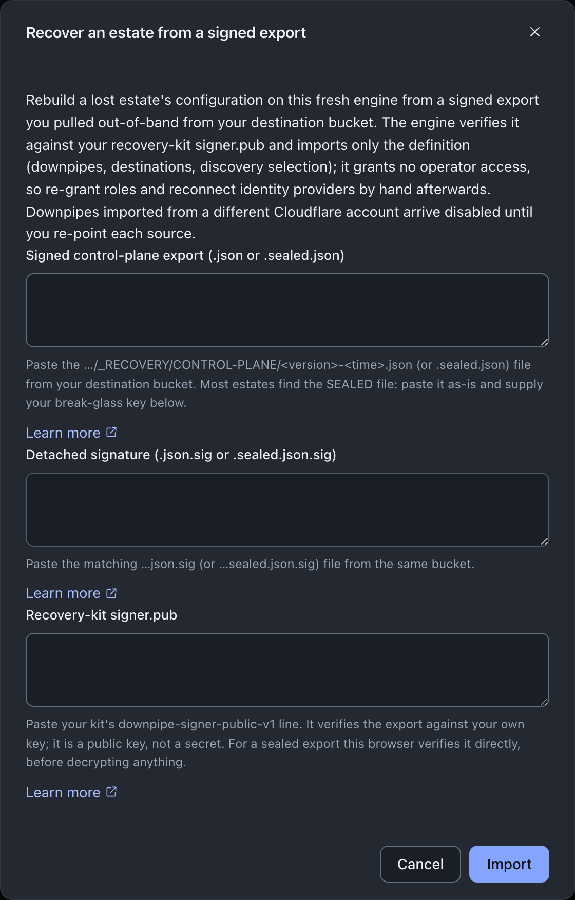 The Recover an estate from a signed export dialog, empty: a Signed control-plane export textarea, a Detached signature textarea, and a Recovery-kit signer.pub textarea, with Cancel and Import buttons.