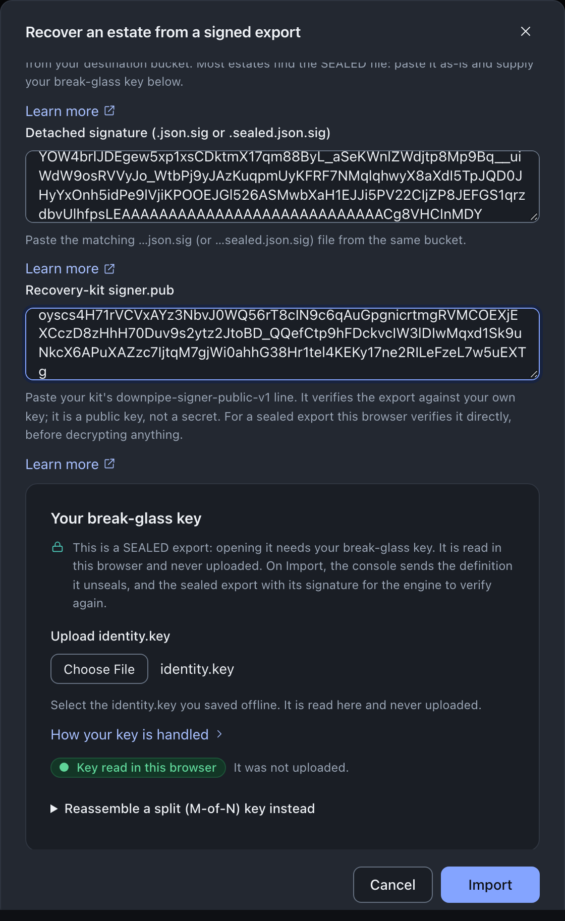 The same dialog after uploading identity.key: the file name shows next to Choose File, and a green Key read in this browser badge sits beside the text It was not uploaded, above Cancel and Import buttons.