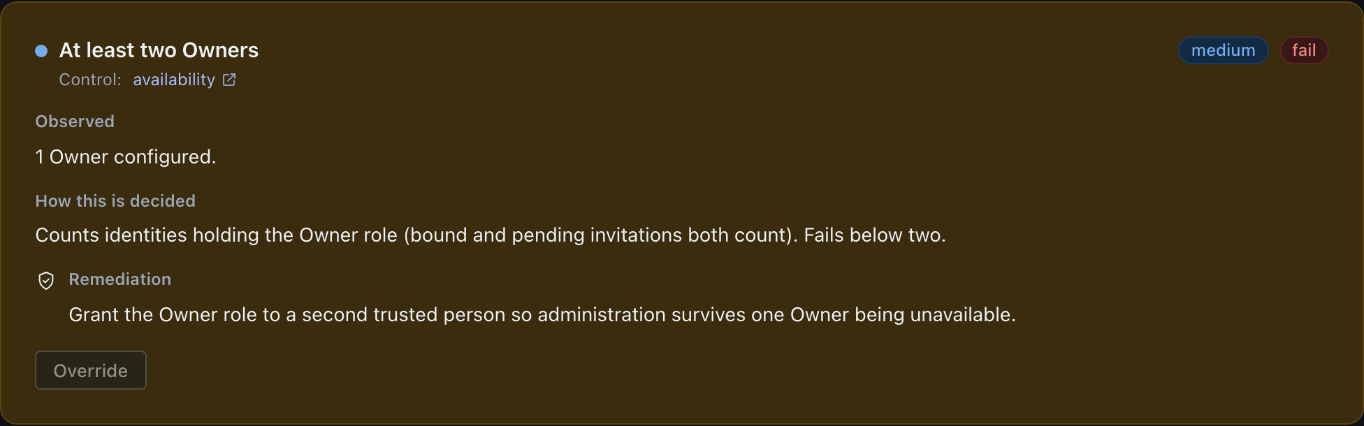 A single check card titled At least two Owners, mapped to the availability control, marked medium and fail, with Observed, How this is decided, and Remediation sections and a disabled Override button.