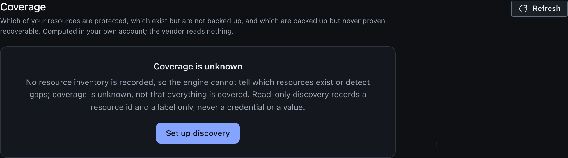 The coverage section reading Coverage is unknown, with a note that no resource inventory is recorded so the engine cannot tell what exists, and a Set up discovery button.